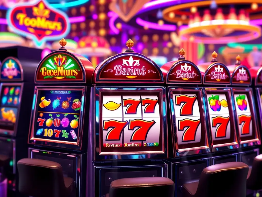 A vibrant image showcasing a variety of slot machine themes, with symbols like fruits, gems, and lucky sevens, set against a backdrop of flashing lights and casino ambiance, representing the diverse slot games available on Betnova.be.