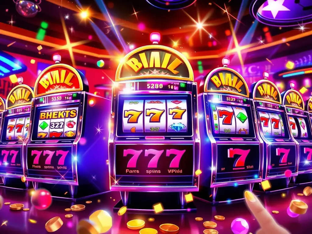 A vibrant image showcasing a variety of slot machine themes, with symbols of fruits, gems, and lucky sevens, set against a backdrop of flashing lights and dynamic animations, capturing the excitement of online slots on Betnova.be.