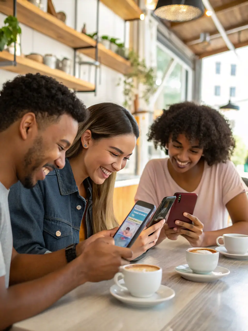 An image of a diverse group of people happily using the Betnova.be mobile app on their smartphones, highlighting the platform's accessibility on various devices.