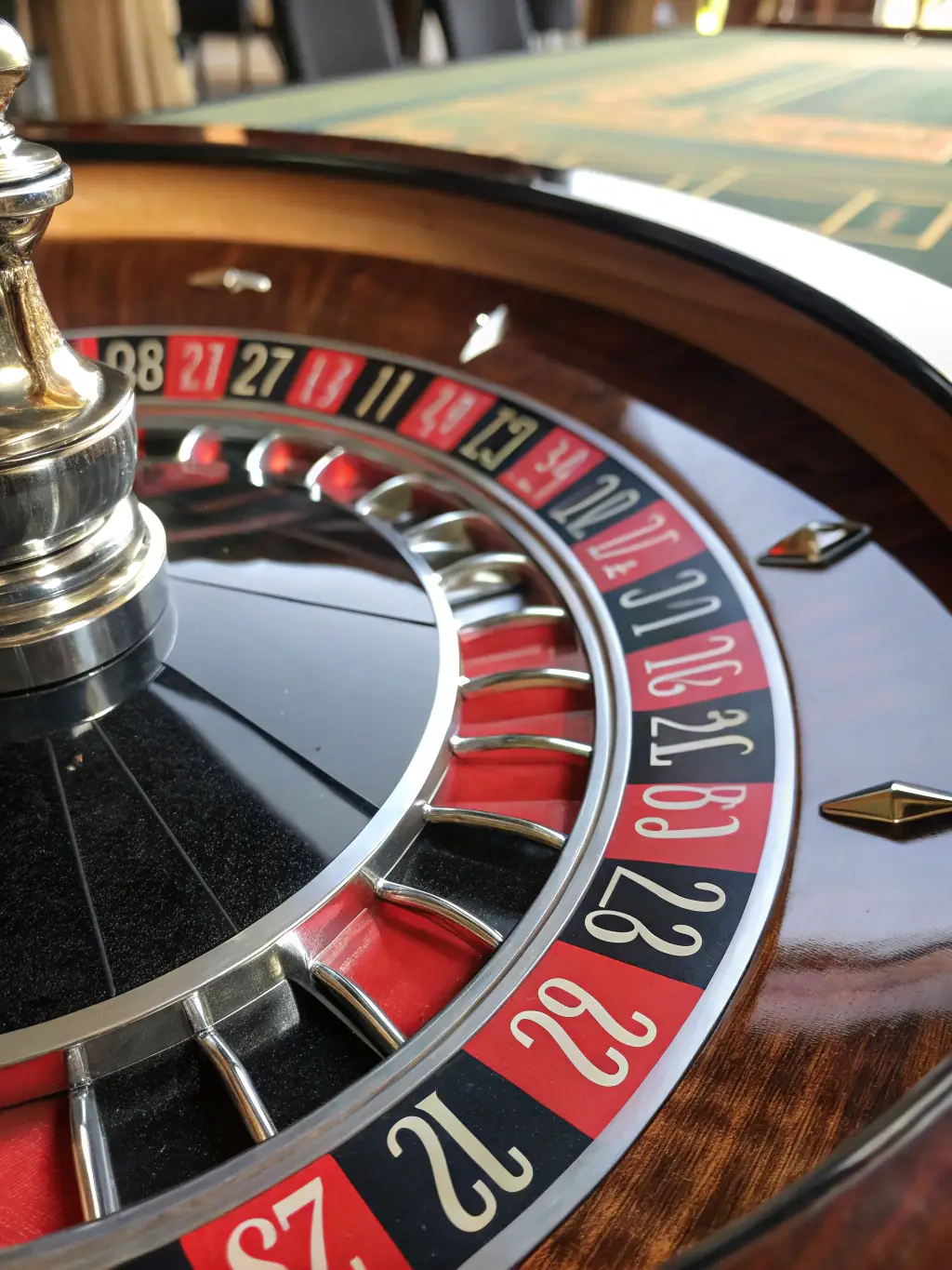 A close-up shot of a roulette wheel spinning, with the ball about to land on a number, capturing the suspense and excitement of roulette games on Betnova.be.