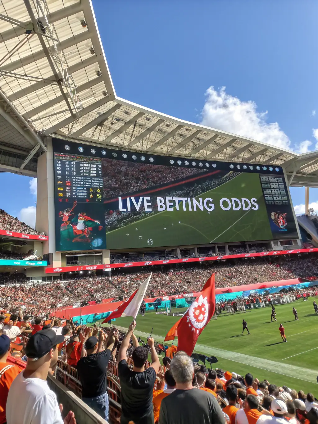 An action-packed image of a soccer match with players in motion, a stadium filled with cheering fans, and a digital overlay displaying live betting odds, highlighting the dynamic sports betting options on Betnova.be.