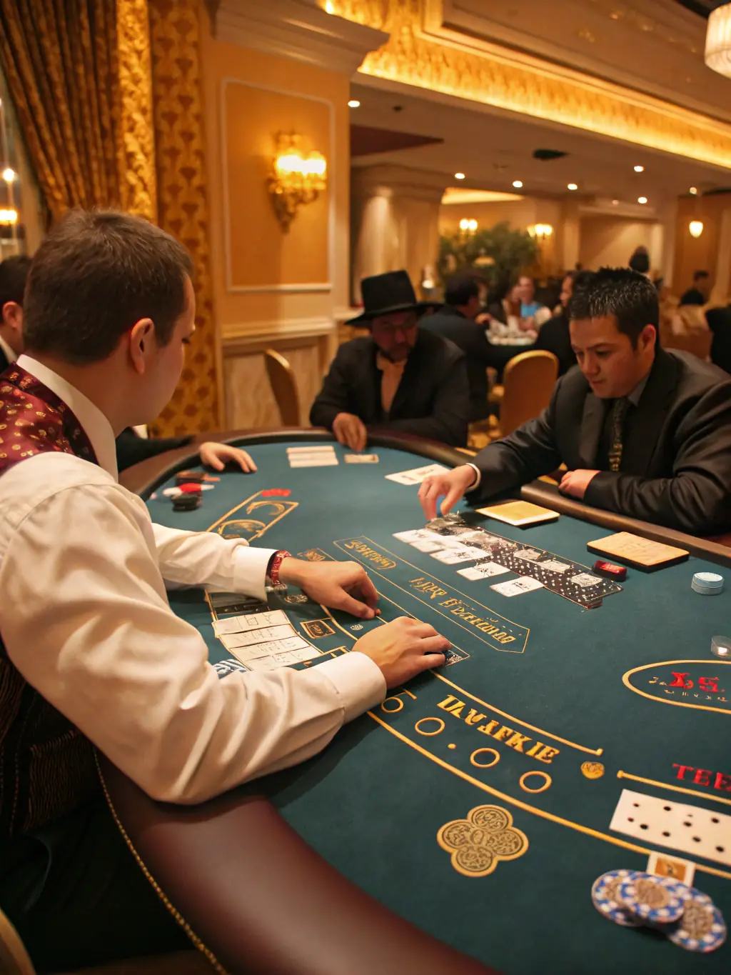 An elegant image of a blackjack table with cards dealt, chips stacked neatly, and a dealer's hand partially visible, creating an atmosphere of strategic gameplay and sophistication for blackjack enthusiasts on Betnova.be.
